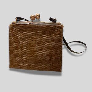 LE DAF Brown Woven Leather Kiss Lock Crossbody Bag